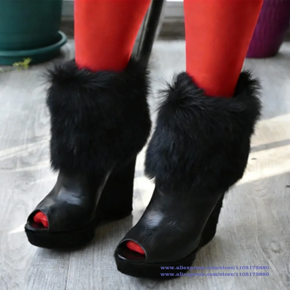 

Black Furry Peep Toe Wedge Ankle Boots Black Leather Fur Trim Platform Women's Boots Luxury Designer Elegant New In Botas Mujer