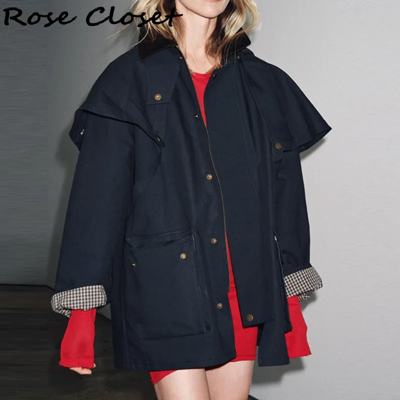 شيك الخريف المرأة معطف مقنع قابل للإزالة فضفاض سترات طويلة جيوب سستة أبلى 2025 جديد أنثى عادية مقاوم للماء الشارع الشهير #1