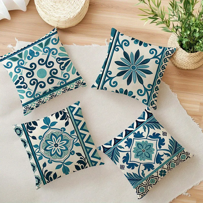 4Pcs Coastal Tile Pillow Covers Teal Floral Geometric Vintage Mediterranean Print Cushion Cases For Couch Soft Boho Home Decor