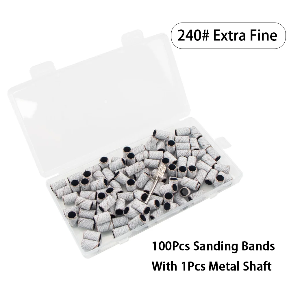 100 قطعة الرملي العصابات مع 1 قطعة رمح معدني مجموعة مسمار لقمة ثقب العناية بالقدم تلميع مانيكير جل مزيل طلاء الأظافر أدوات القاطع