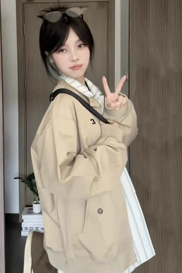 

Vintage Leather Jackets Women Abrigo Overcoats High-Street Solid-Color Veste Goth Larger Raglan Patch Zip-Up Decorated Printed