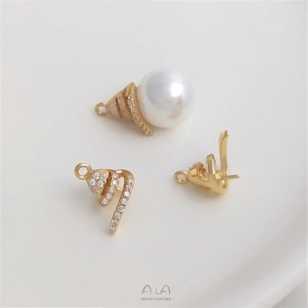 14K Gold Plated Micro Set Zircon Half Hole Pearl Holder Pendant Spiral Empty Holder DIY Handmade Adhesive Bead Accessories C091