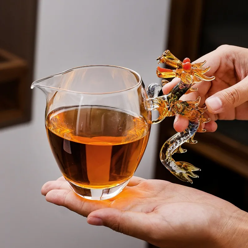 

PhoenixDragon Glass Teapot Fairness Cup Heat Resistant Transparent Blue Red Celestial Design Luxury Tea Ceremony Pouring Pitcher