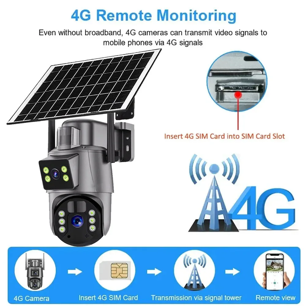 8MP 4K WiFi Solar Camera Outdoor Wireless CCTV Surveillance Camera with Solar Panel Dual Lens PTZ IP 4G Cam Security Protection
