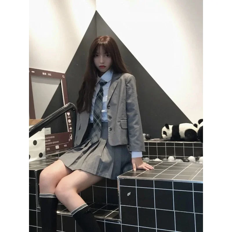 Xgoth 걸 JK 수트 3종 세트 (여성용) 한국 시크 빈티지 프레피 타이 셔츠 + 그레이 블레이저 + 플리츠 숏 스커트 여고생