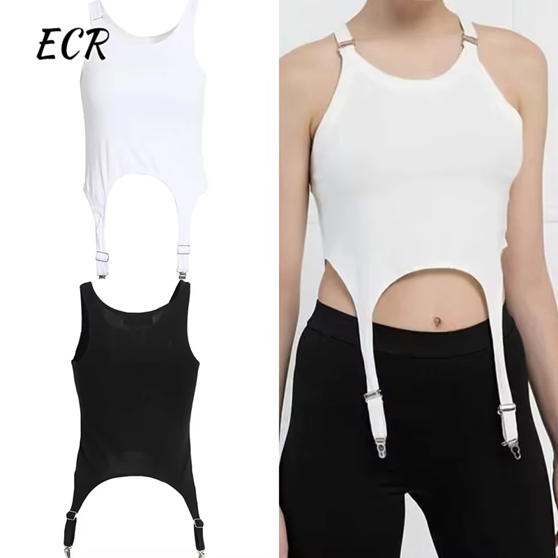 ECR Spliced Metal Buckle Vests For Women Square Collar Sleeveless Solid Skinny Pullover Crop Tops Female Summer Fashion Clothes