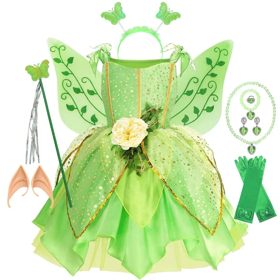 Vestido de Elfo Verde para Meninas, Fantasia de Princesa, Vestido de Fada Infantil, Fantasia de Halloween, Fantasia de Fada Flor, Roupa de Festa