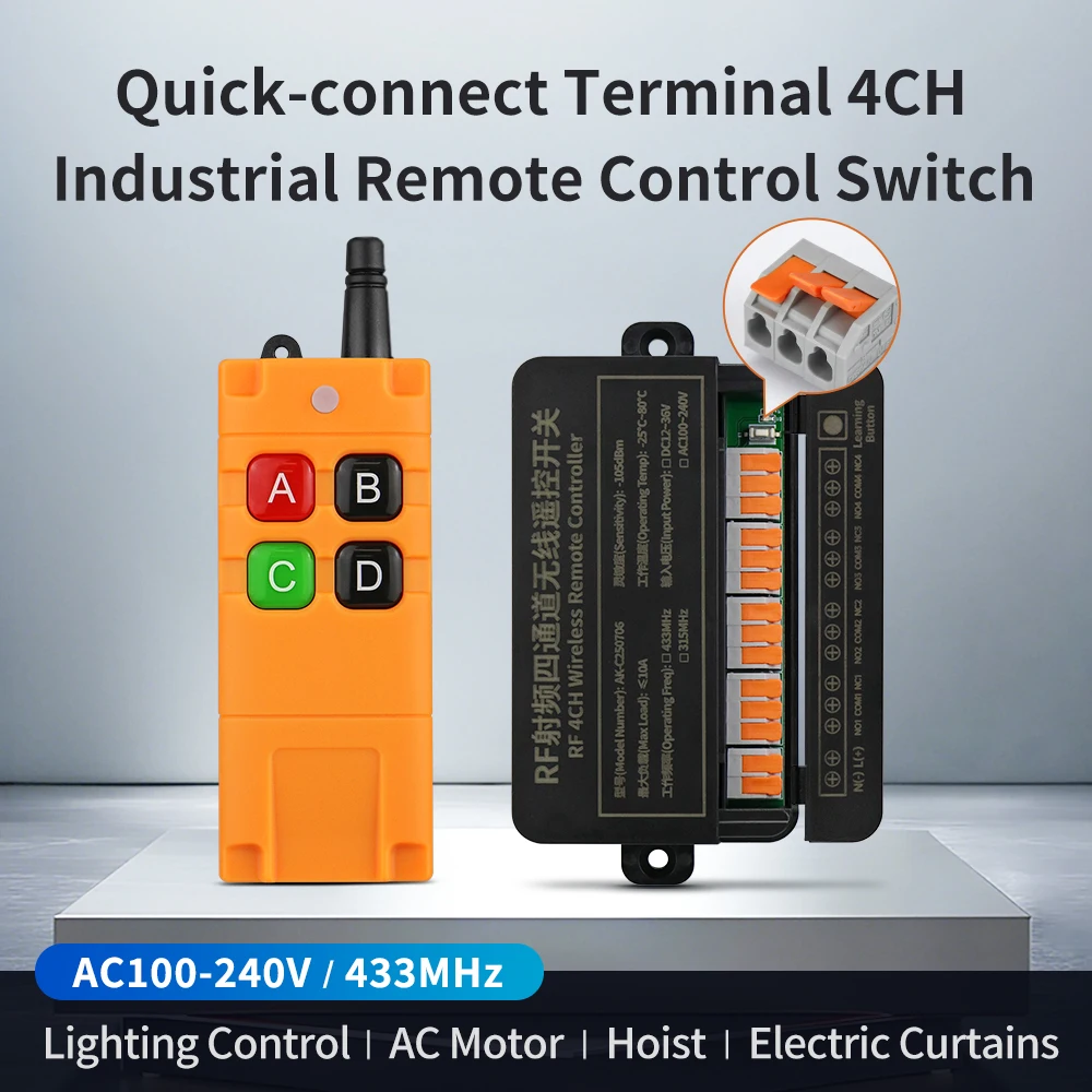

AC 110V - 220V 4CH RF Wireless Remote Control Switch 433Mhz, 10A Relay Receiving Module, Water Pump, Lamp, Motor Controller