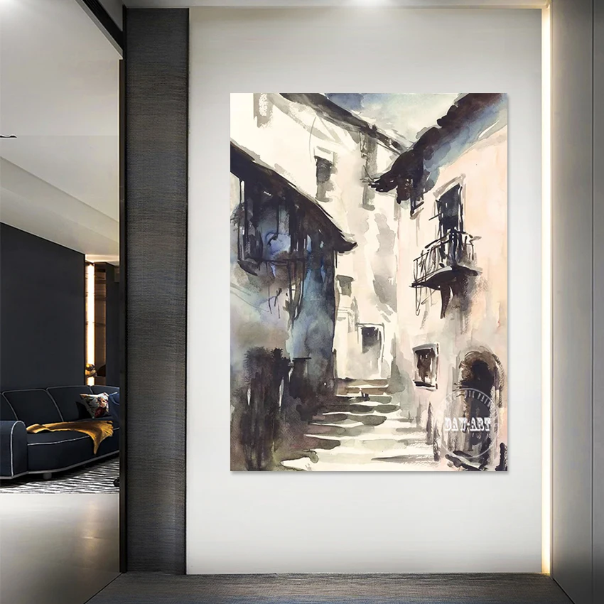 3d Street Staircase Scenery Art Paintings, Frameless, Wall Poster, Simple Style Design Textured Abstract Artwork Canvas Picture