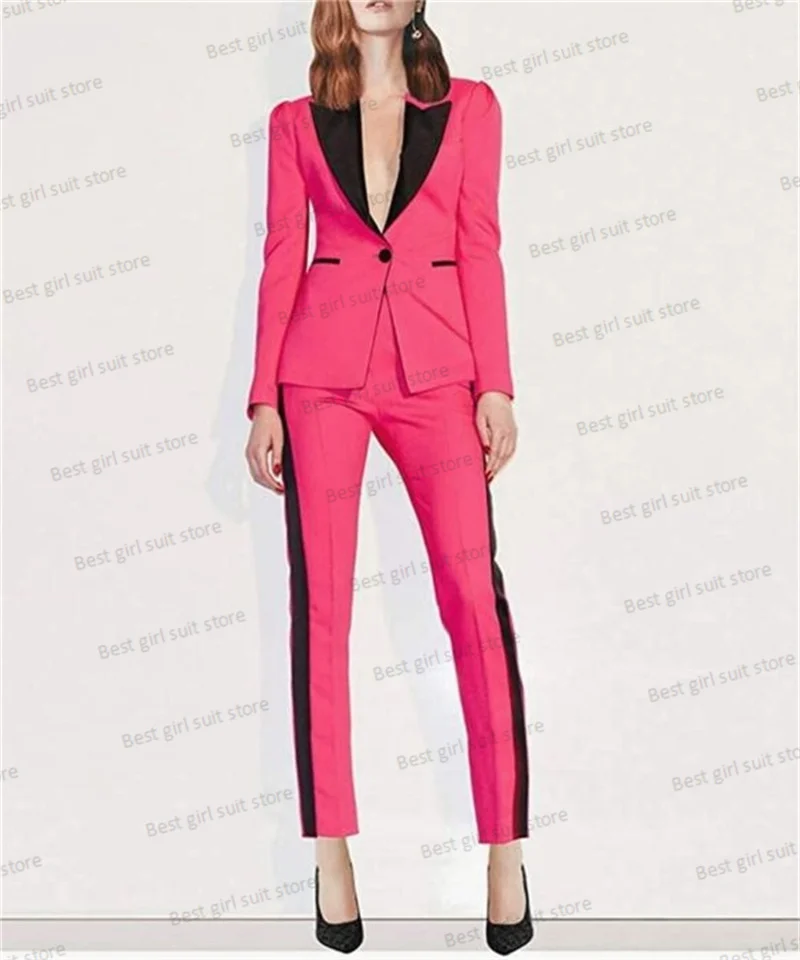 Rose Pink Women Suit Set Blazer+Straight Pants 2 Pieces Prom Dress Splicing Colors Party Jacket Coat Full Sleeves Tailored Made