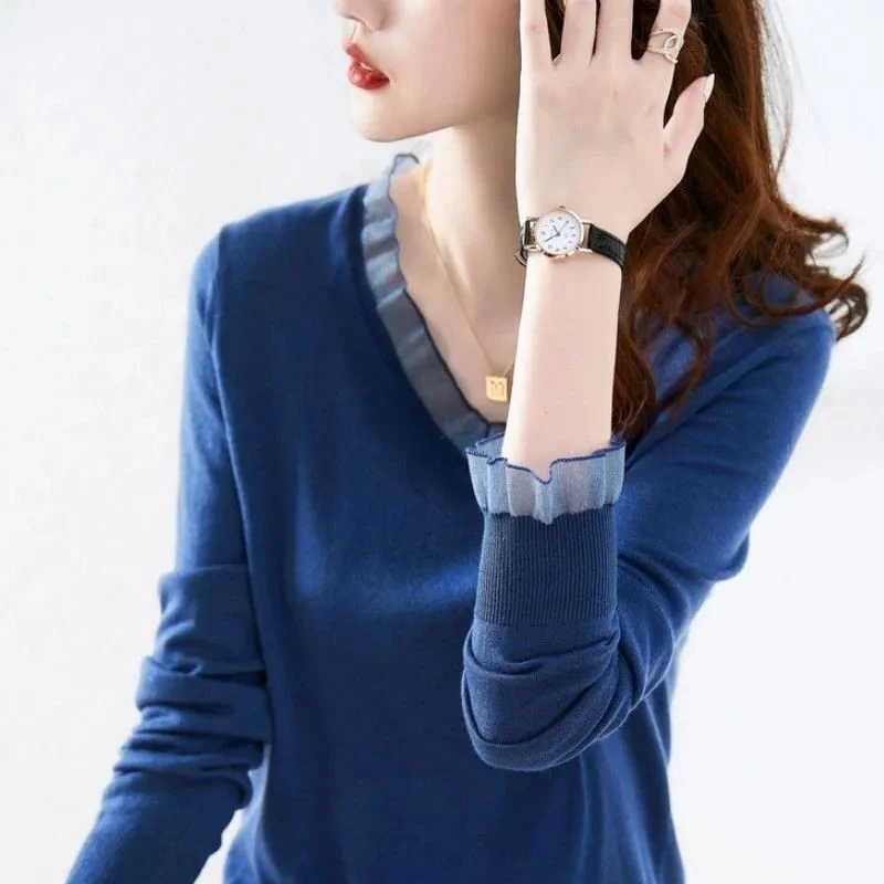 

Korean Elegant Chic Sweet Mesh Patchwork V-neck Knitwear Women Spring Autumn Casual Loose Solid Long Sleeve Top Female Clothing