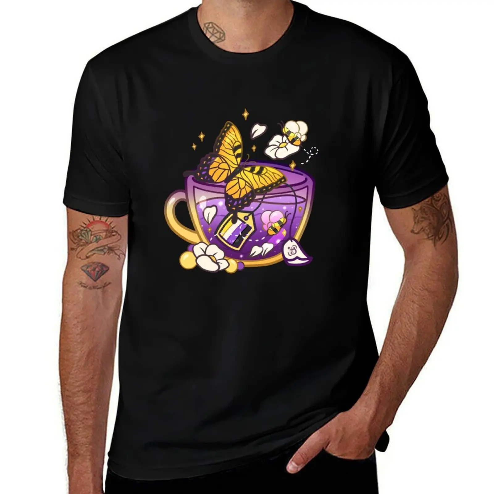 

Pride Flag Teacup - Butterfly Non-Binary T-Shirt man t shirt cotton high quality printed t shirts for man T-Shirt