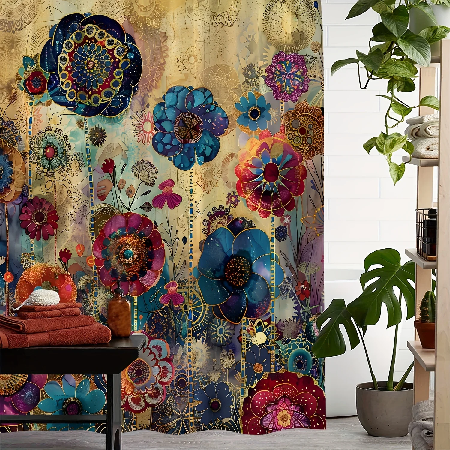 Vintage Mandala Floral Shower Curtain - Waterproof, Includes 12 Hooks, Machine Washable Polyester Bathroom Decor