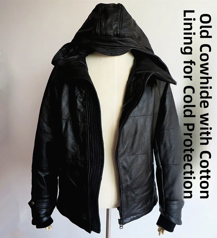 

Men's Genuine Top Layer Cowhide Cotton Jaet Super Warmth Leather Coat Casual Faion Urban Sle Winter Coat Zipper Closure