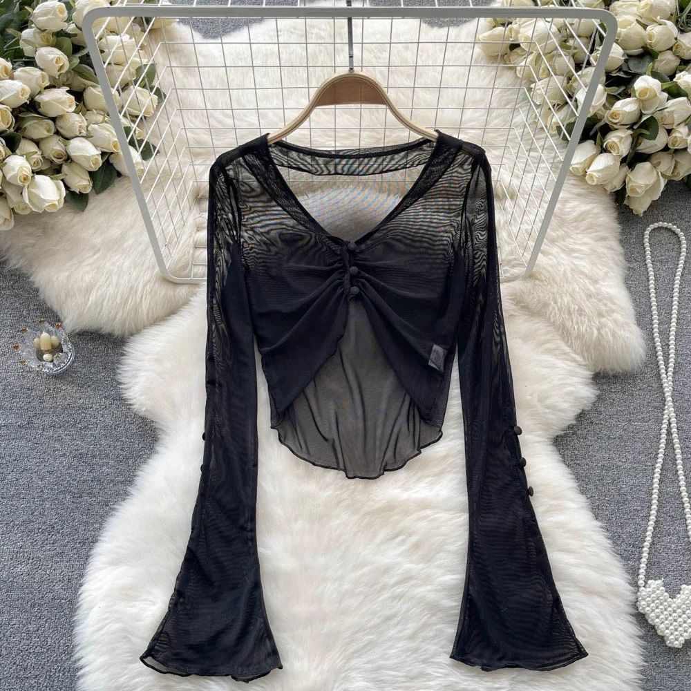 

Sexy Retro V-Ne Knitted Open Cardigan ort Thin Long Sve Bell Sve Top for Spring Summer Autumn Korean Sle Commute