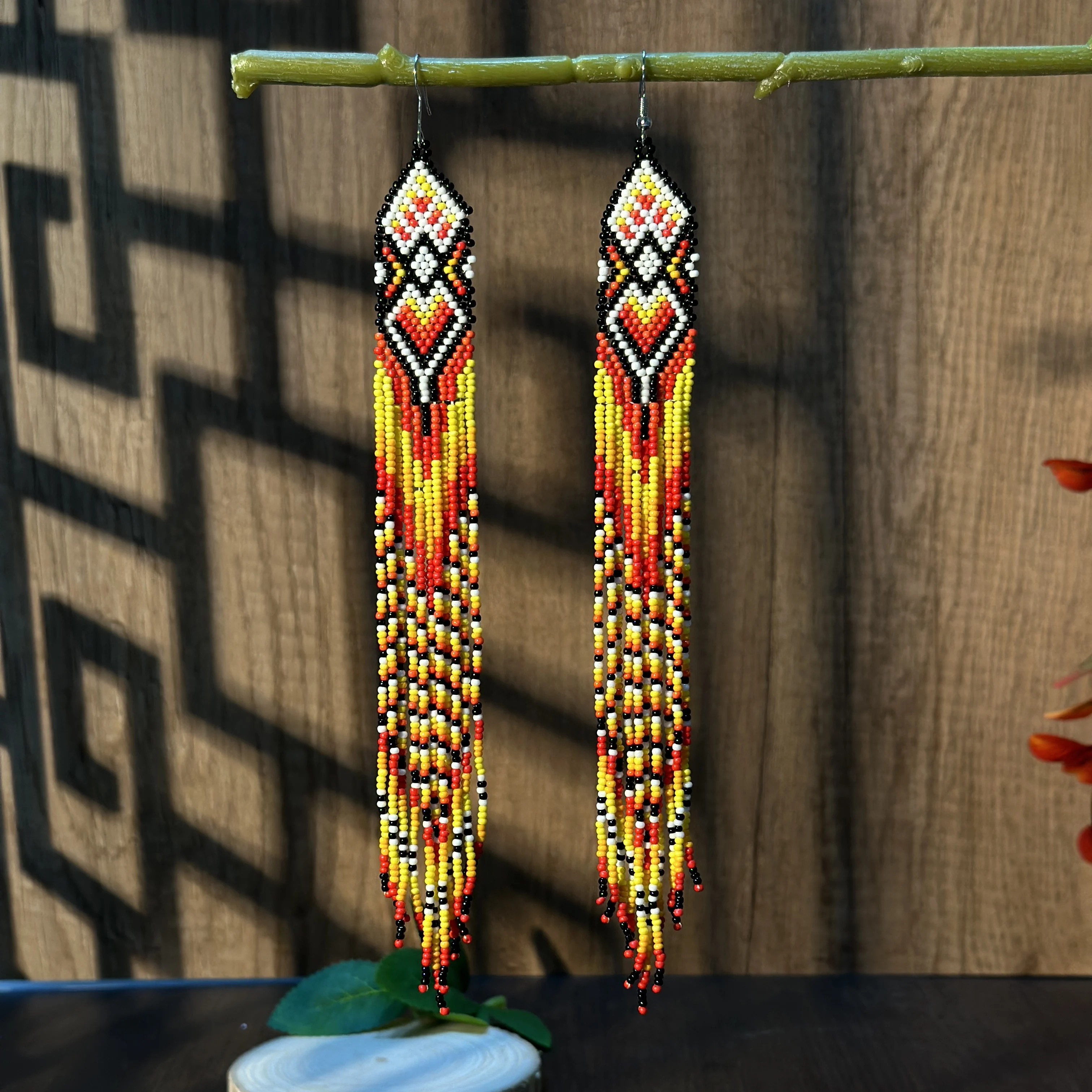 

1 pair of Bohemian style ultra long glass bead tassel earrings, sweeping shoulder earrings, tribal style earrings