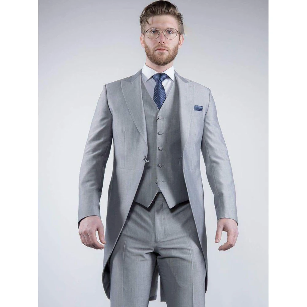 

Light Grey Tailcoat Slim Men Suit Single-breasted Peak Lapel 3 Pieces(Jacket+Pants+Vest) Male Formal Wedding Party Set