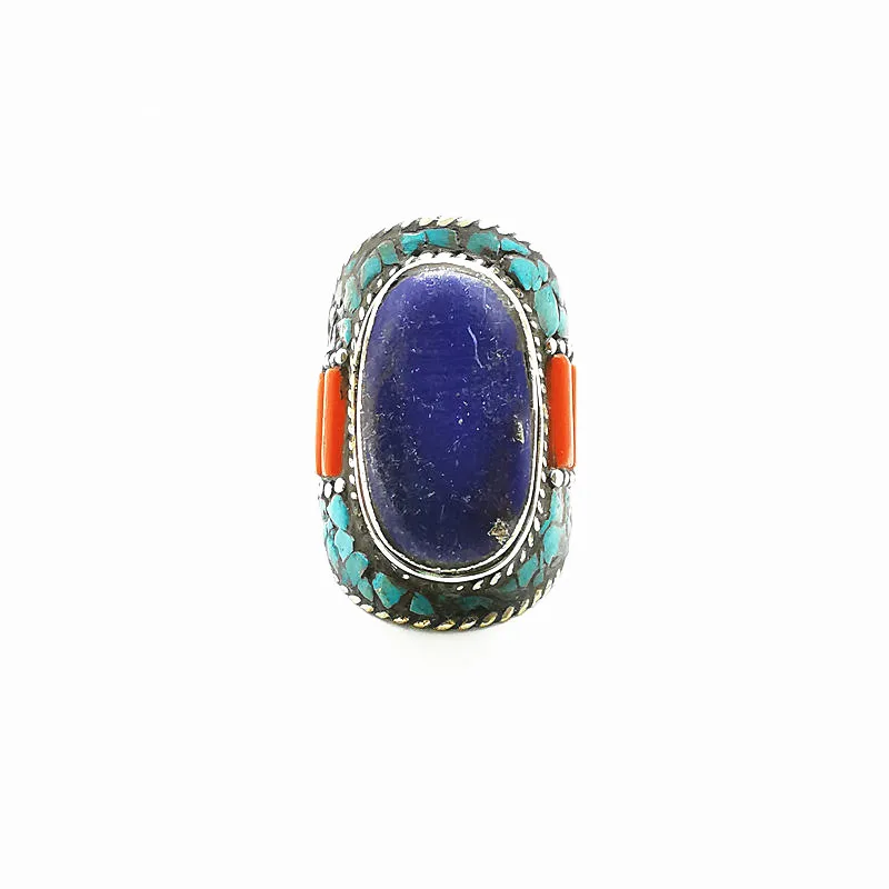 Tibetan Big Rings for Man White Metal Copper Inlaid Colorful Blue Stone Ring R114
