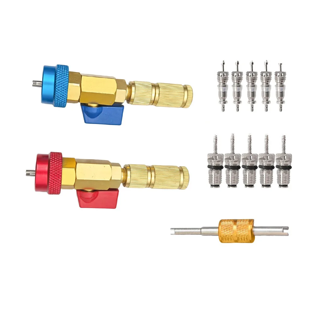R134a Specific Valve Core Tool Set with High Low Pressure Color Coding Red Blue Brass Body 16.5x12.3x3cm Non Slip Grip