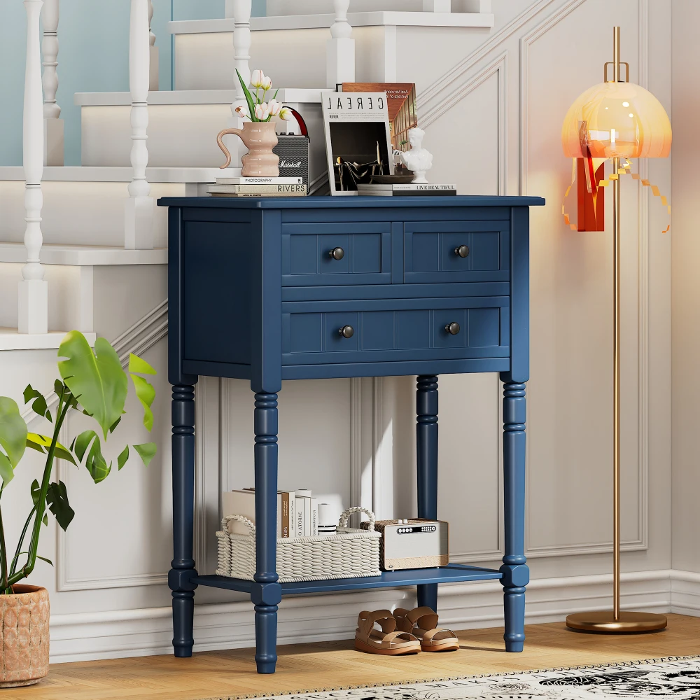 Narrow Console Table, Slim Sofa Table with Three Storage Drawers and Bottom Shelf