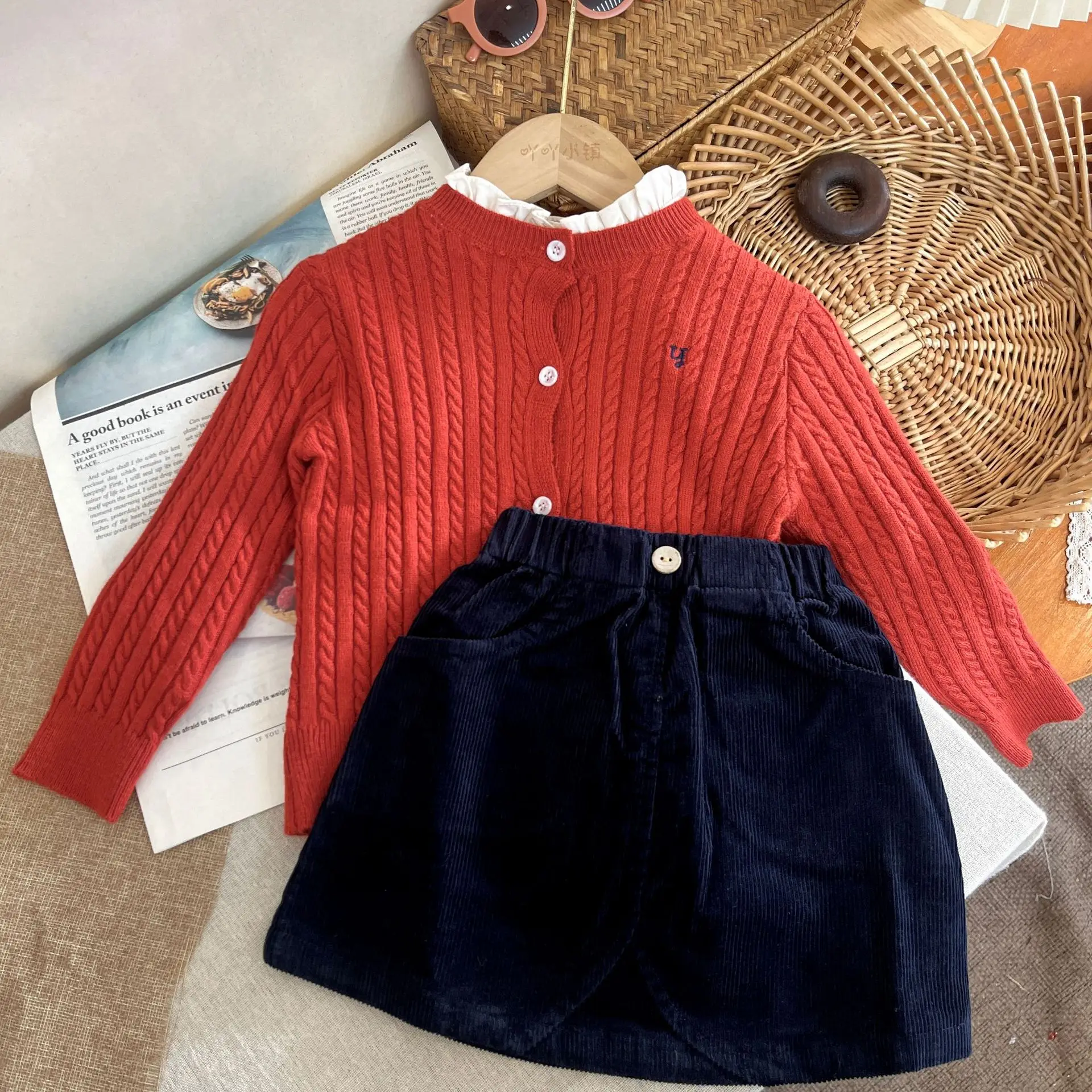 

Kids Sweaters and Skirts Clothing Sets 2025 New Autumn Winter Girls Cute Knit Cardigan Outwear Tops