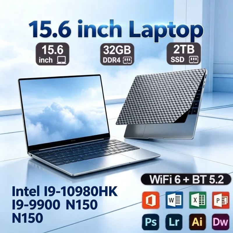 2026 15.6 Inch Laptop Intel I9‑10980HK I9‑9900 N150 32GB RAM 2TB Large SSD Win11 WiFi6 Portable Gaming Notebook For Work Play