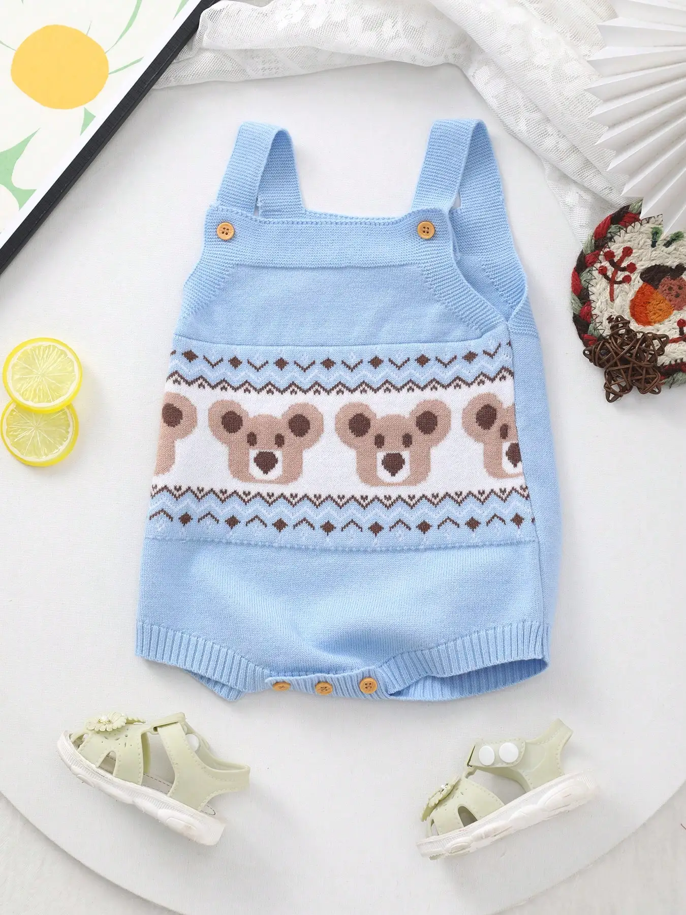 Baby Boy Spring and Summer Retro Bear Jacquard Pattern Knitted Suspender Triangle Romper