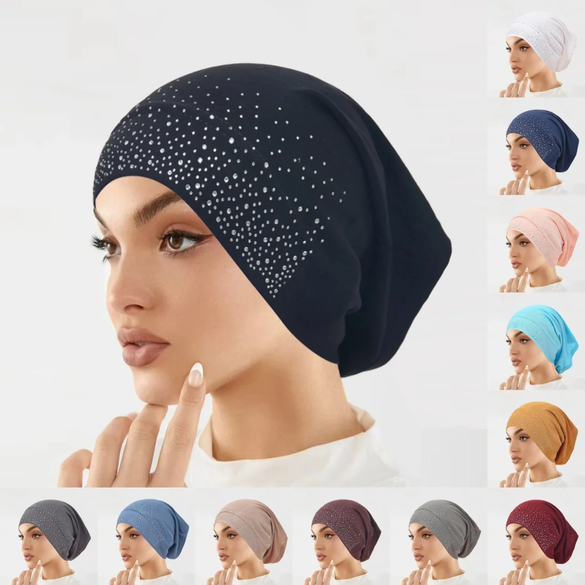 Trendy Diamonds Undercap Stretchy Hijab Solid Color Soft Bonnet Muslim Women Elastic Inner Hijab Turban Islam Underscarf