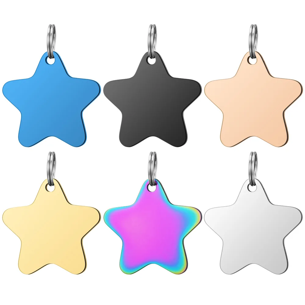 10Pcs Star Shape Blank Metal Pet Tag With Keyring Stainless Steel Dog Name Plate Steel Pendant Jewelry Making Accessories