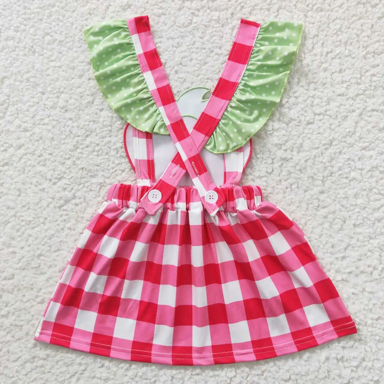 Strawberry Red Grids Green Flying Sleeve Smocked Ruffle Girl's Dress GSD0241