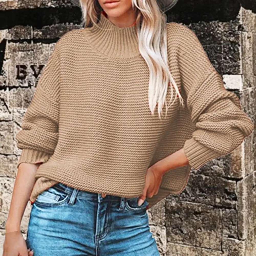 Knitted Texture Decoration Sweater Chic Oversized Pullover Sweater Women's Casual Knitting Tops with Half High Collar Long