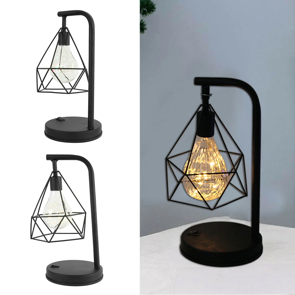 

Retro Black Geometric Wire Industrial Led Light Bulb Battery Operated Bed Side Table Lamp for Living Room Coffee Bar Decor