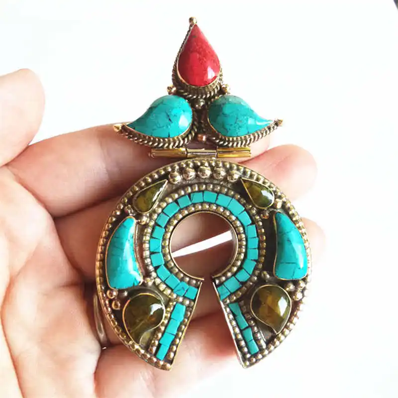 Tibetan Amulet Big Pendants Copper Inlay Colorful Stone Arrow TBP020