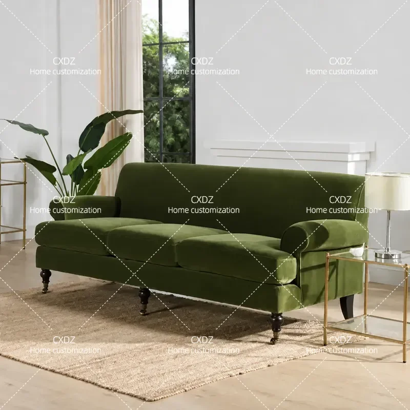 Retro Army Green Fabric Sofa Light Luxury Straight Row Couch for Small Apartment Living Room Single Double Three Seater