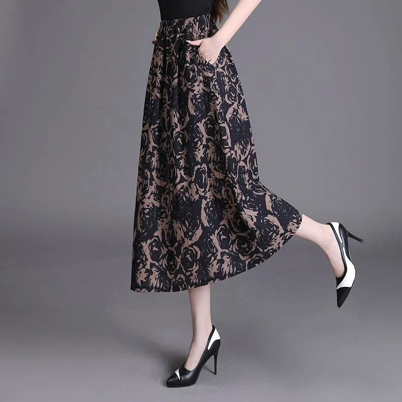 Women Vintage Rose Print Midi Skirt High Waist Elastic Waist A Line Casual Elegant Long Skirt