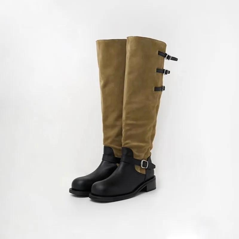 

Women's Retro Brown Leather Buckle Slip-on Modern Boots Autumn New Fashion Knee-high Boots Round Toe Thick-soled Women's Boots