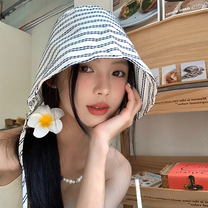 

New Summer Striped Big Eaves Outdoor Sun Shade Fisherman Hat Lady