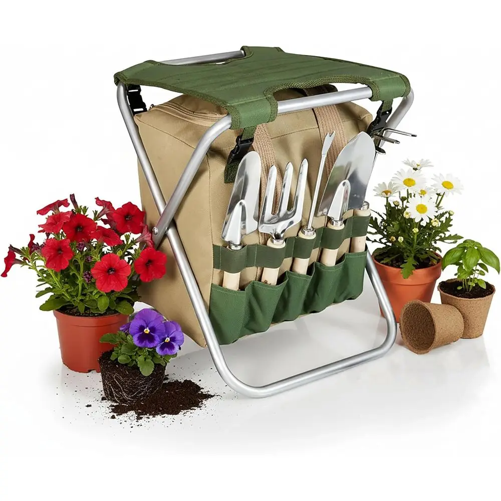 Banco de Jardinería Compacto con Organizador Desmontable, Taburete y Rodillera Portátiles para Desmalezar y Trabajos en el Jardín (Verde Oliva y Beige)