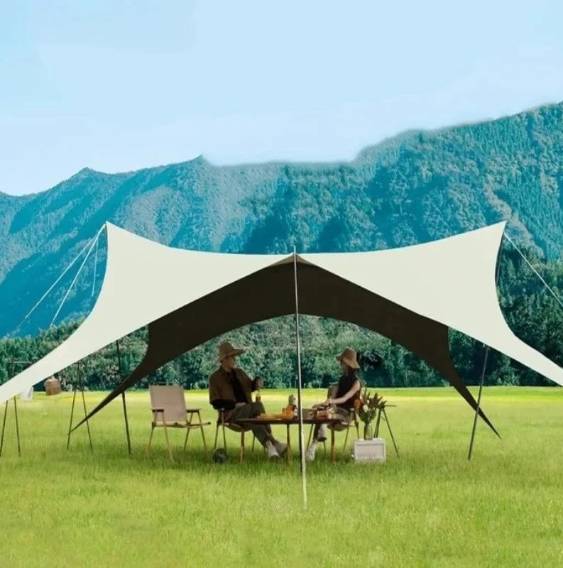 Waterproof Anti UV Star Shaped Black Coated Canopy Large Portable Tarp Shelter For Outdoor Wild Camping Picnic Lawn Beach Use
