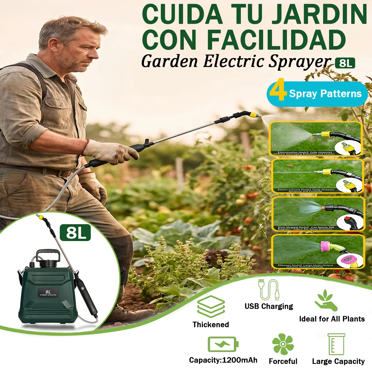 8L/2 Gal Rechargeable  Garden Electric Sprayer 3 Nozzles, Adjustable Telescopic Rod, 1M Hose, and Adjustable Portable Shoulder S
