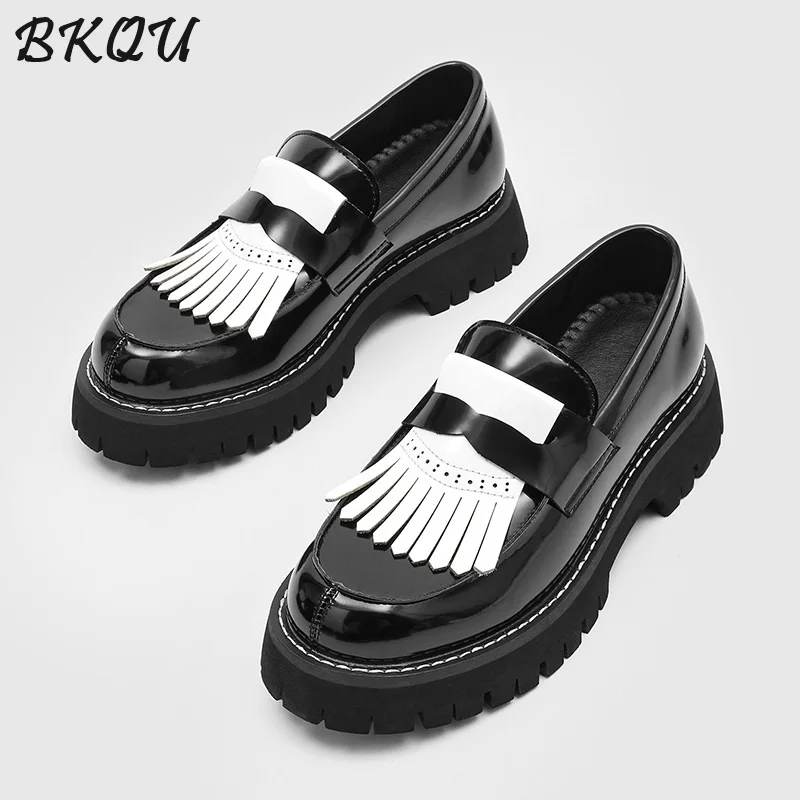

BKQU2026 Spring Lazy Style Thick-soled High-heeled Fringe Low-top British Style Men's Black and White Striped Youth Derby Shoes