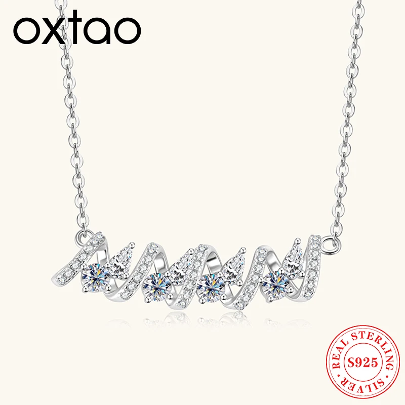 

OXTAO 925 Silver Long Wavy Stud Necklace with Certified Pear Cut Moissanite Diamond Necklaces for Women Jewelry Anniversary Gift