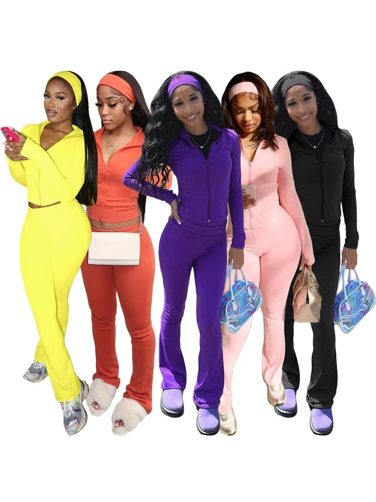 Fall 2025 Street Casual Women Sets Fleece Tracksuit Long Sleeve Zip Tops and Flare Pants Activewear Outfits Gym Two 2 Piece Set
