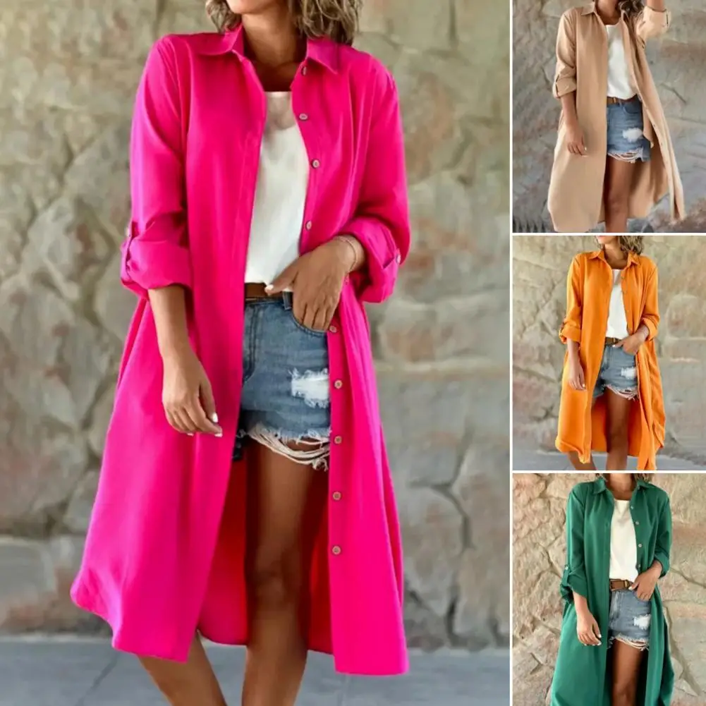 

Lapel Collar Shirt Dress Midi Cardigan Stylish Women's Single-breasted Shirt Coat Loose Fit Mid Length Casual Commute for Fall