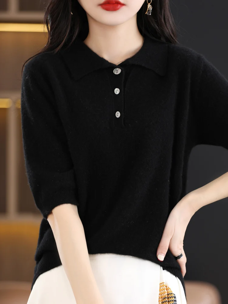 Women 100% Merino Wool Lapel Short Sleeve Pullover T-shirt For Spring Summer  Knitwear Soft Sweater Fashion Basic Clothing