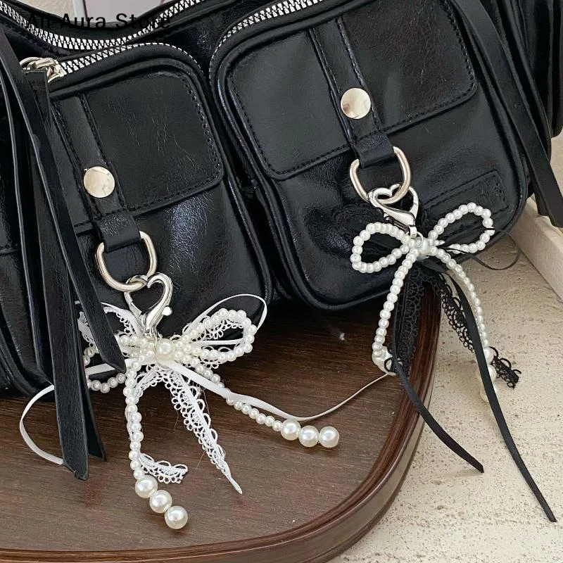 1Pcs Y2K Sweet Lace Imitation Pearl Bow Keyring Ins Style Bowknot Keychain Trendy Girly Key Holder Bag Pendant Girls Gift