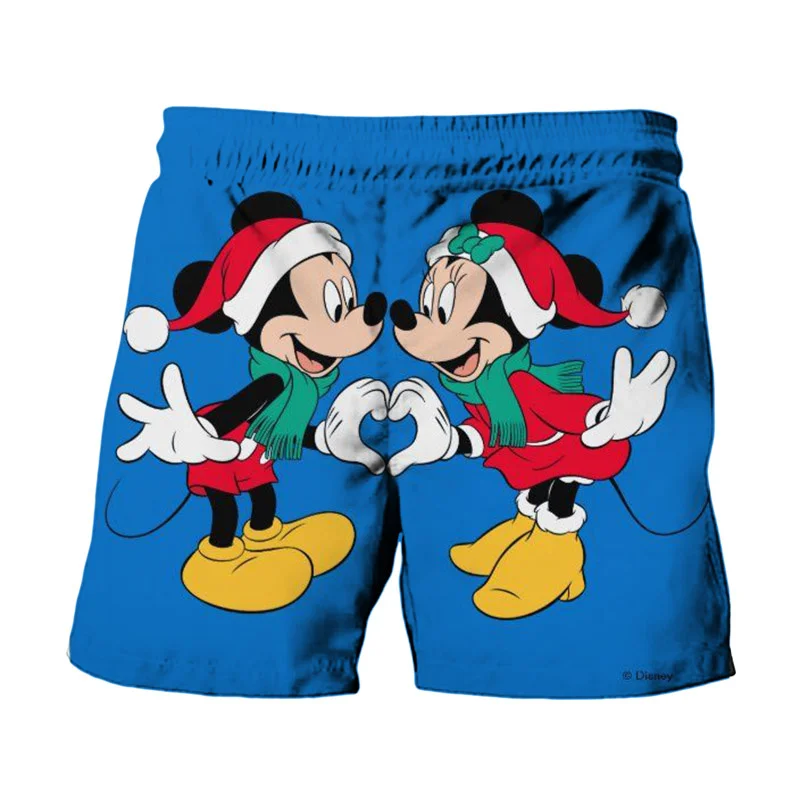 Merry Christmas New Disney Brand Mickey And Minnie Anime Print Summer Men\'s Fashion Beach Party Casual Shorts Y2K