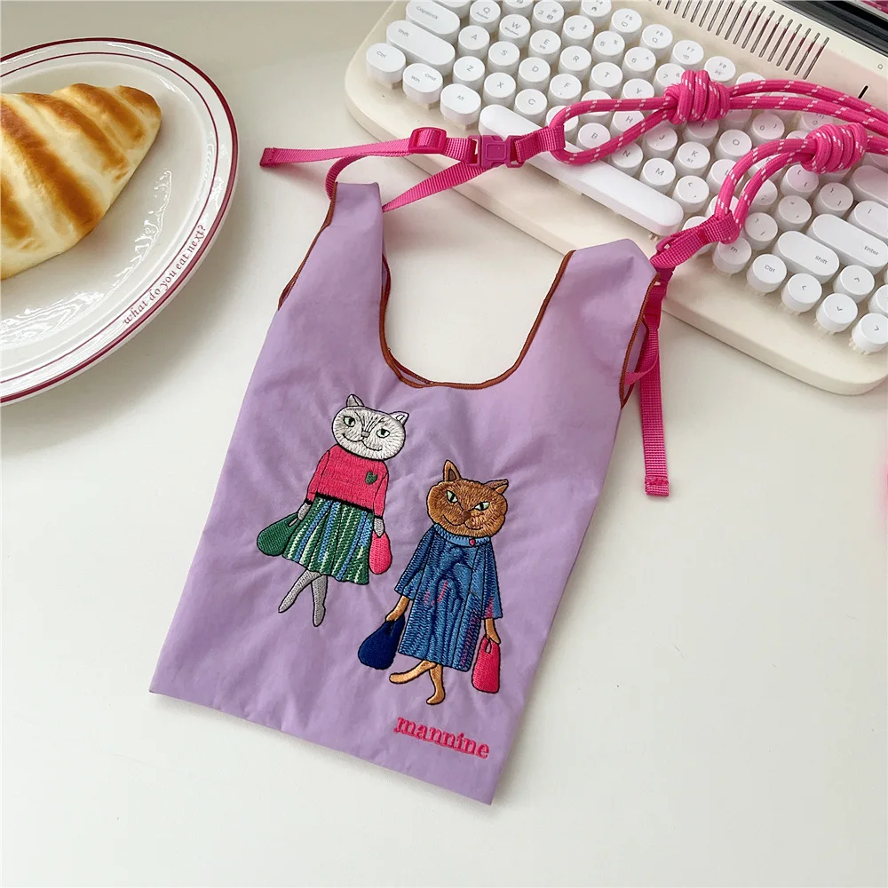 Cartoon Embroidery Eco Bag Vegetable Mini Tote Bag Handbag Cute Cat Designer Bags for Women Shoulder Bags Rope Strap Shopper New