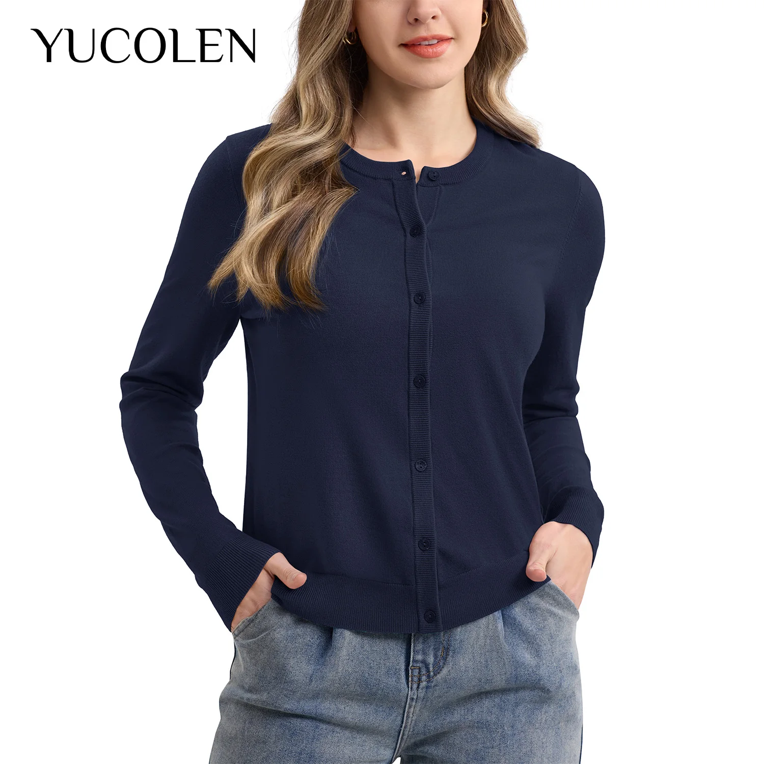 YUCOLEN Women CrewNeck Button Front Knit Cardigan Long Sleeve Lightweight Stretch Ribbed Cuffs Casual Layering Sweater Outerwear