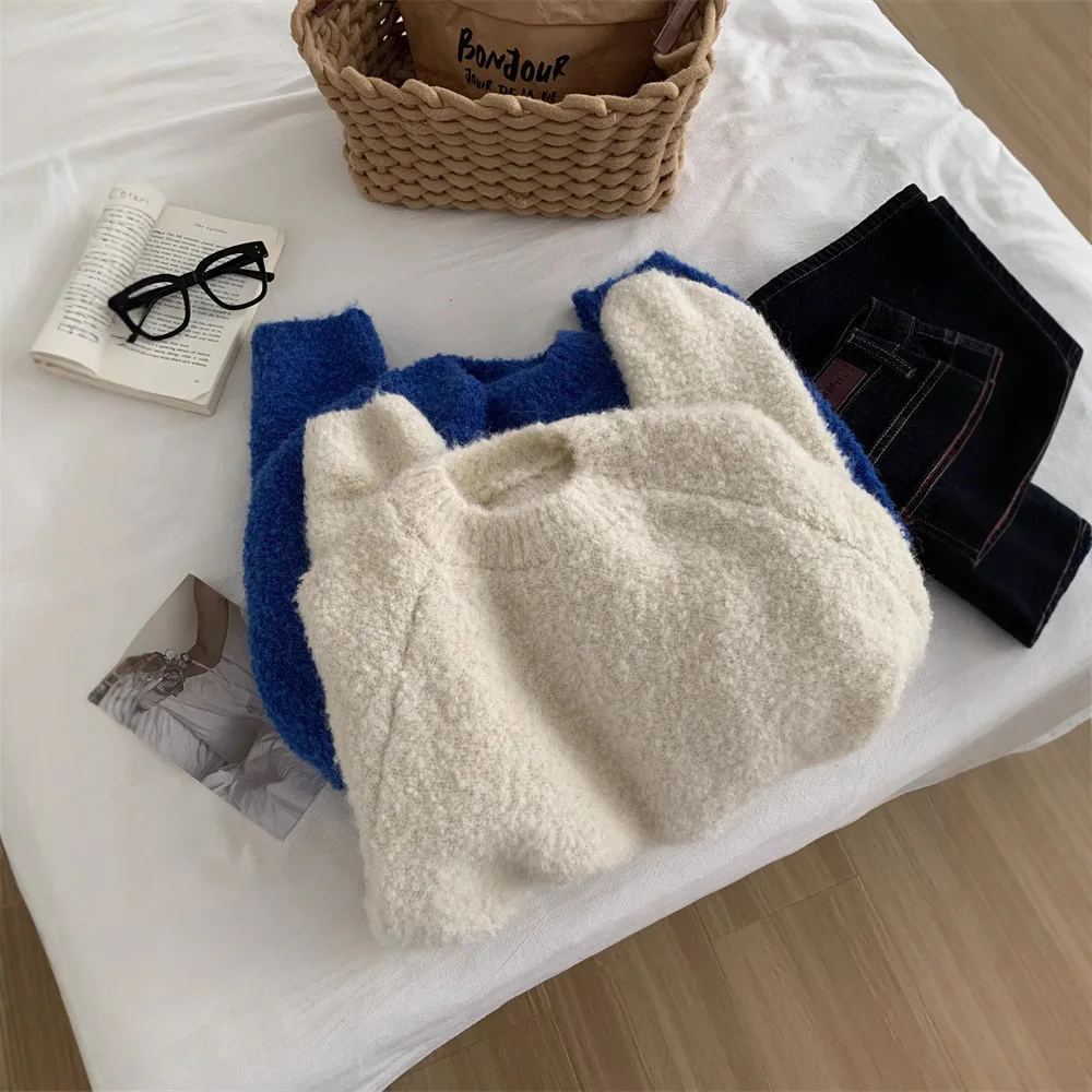 Circular Yarn Pullover Thick Sweater For Women 2024 Winter  Loose Soft Warm Wool Knitted Sweater